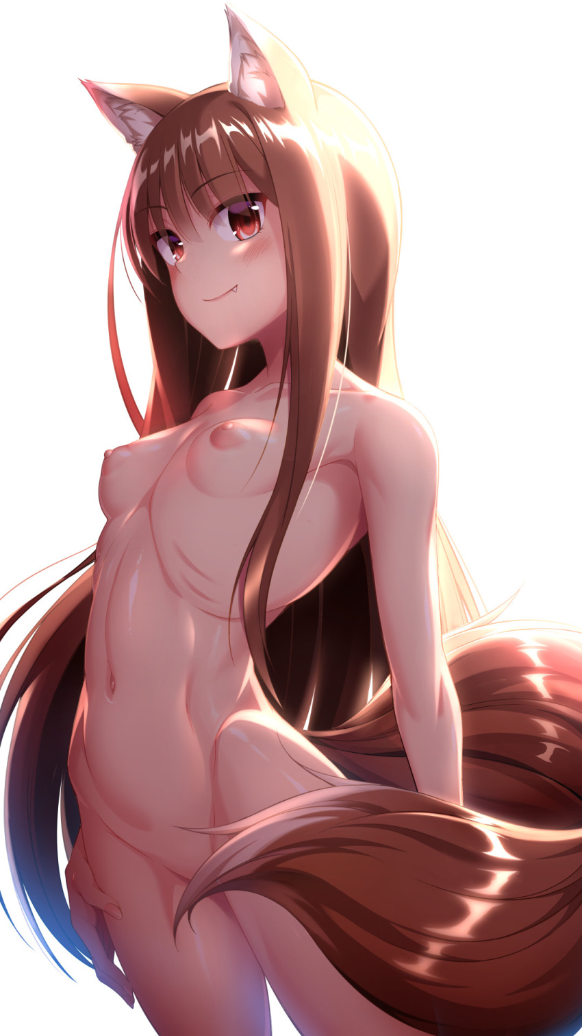 1girl 1girl 1girl animal_ear_fluff animal_ears bangs breasts brown_hair clavicle closed_mouth dosu_(doseven) eyebrows_visible_through_hair fang high_resolution holo long_hair looking_at_viewer medium_breasts navel nipples nude red_eyes simple_background smile spice_and_wolf standing tail white_background wolf_ears wolf_tail