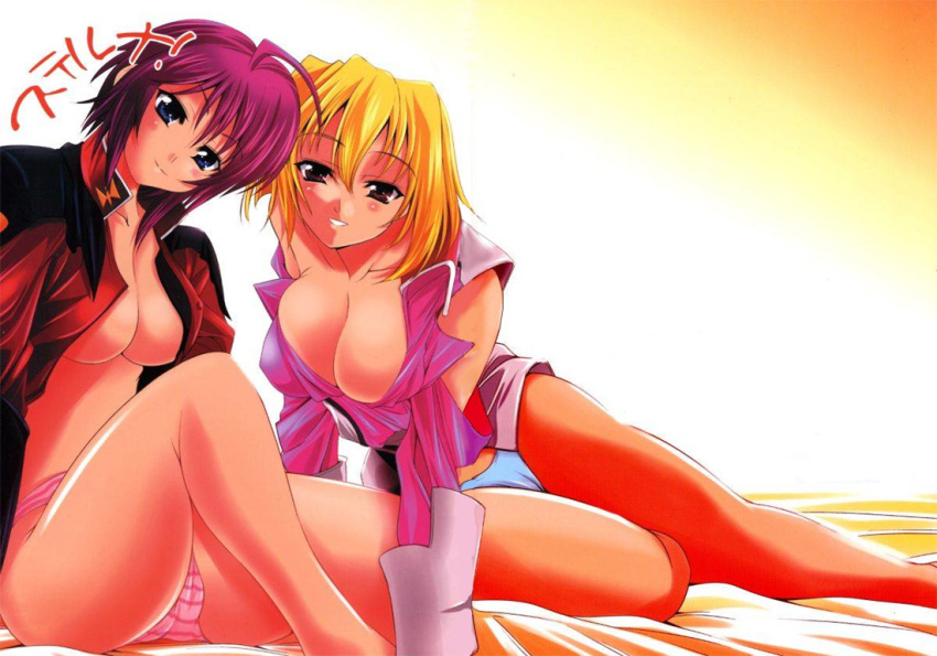 2girls ahoge arm_support bed blonde_hair blue_eyes blue_panties blush breasts cleavage gundam gundam_seed gundam_seed_destiny head_tilt jpeg_artifacts large_breasts lunamaria_hawke lying military military_uniform multiple_girls no_bra no_panties on_side open_clothes open_shirt panties pink_hair pink_panties red_eyes shirt short_hair sitting smile stella_loussier stellar_loussier striped striped_panties underwear uniform yasui_riosuke