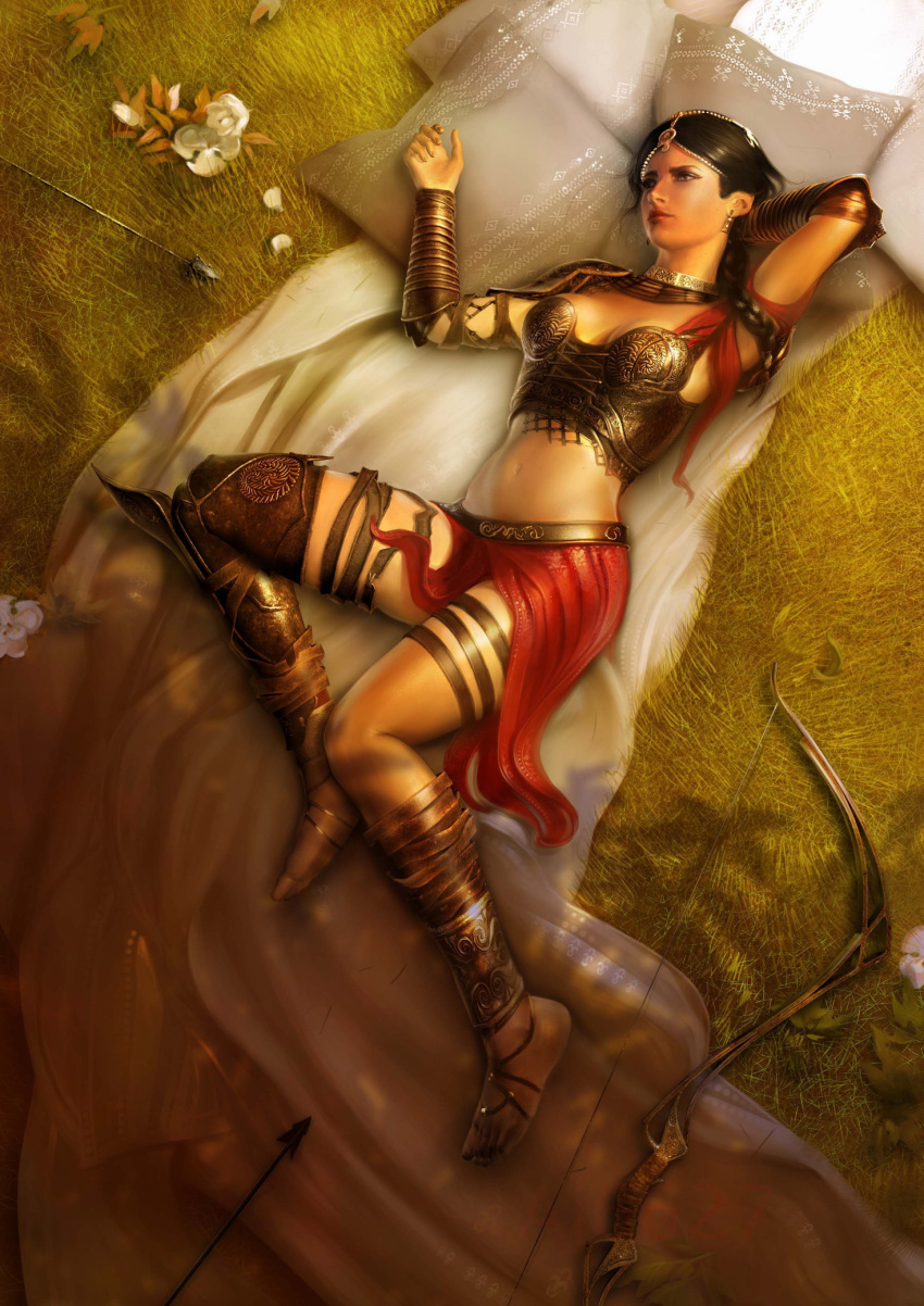 1girl 3d armor arrow barefoot barefoot_sandals black_hair blanket bow_(weapon) breasts farah_(prince_of_persia) grass highres lying midriff official_art on_back pillow pillows prince_of_persia prince_of_persia:_the_two_thrones solo video_games weapon