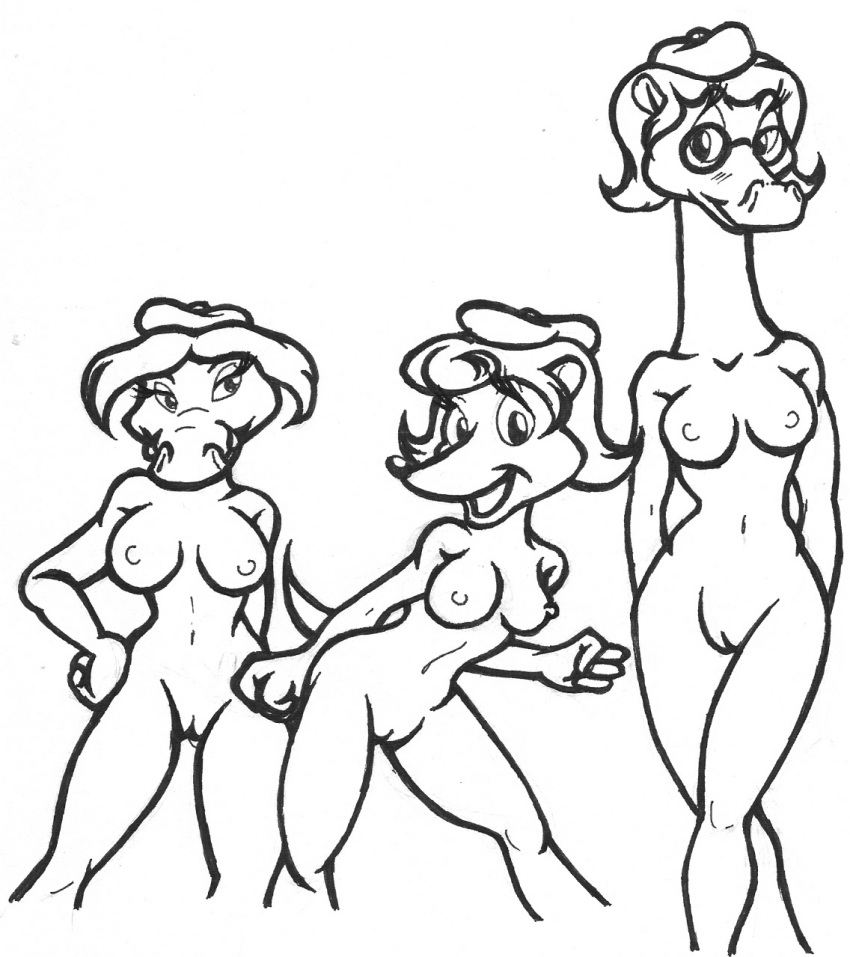 alligator alligatorid anthro breasts camp_lazlo cartoon_network crocodilian eyewear female genitals giraffe giraffid glasses gretchen_(camp_lazlo) group herpestid hi_res long_neck mammal mongoose monochrome nina_neckerly nipples patsy_smiles pussy reptile scalie sharp_teeth teeth unknown_artist