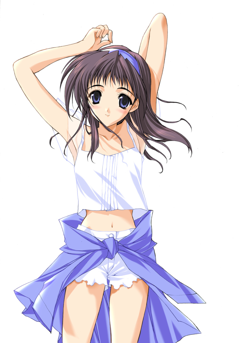 belly blue_eyes blush brown_hair camisole comic_party hair hairband hentai highres long_hair midriff navel sakurai_asahi shorts stretch suzuhira_hiro