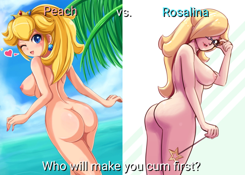 2girls ass beach big_ass black-rayal blonde_hair blue_eyes blush bottom_view breasts bubble_butt crown cute dat_ass earrings female_only glasses hair_over_one_eye heart human long_hair nintendo nude ocean open_mouth ponytail princess_peach princess_rosalina rosalina round_ass sigurdhosenfeld standing super_mario_bros. super_mario_galaxy text tied_hair video_games walking wand wink