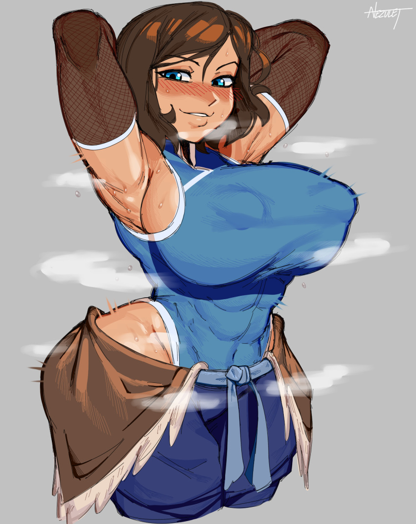 abs armpits arms_up blue_eyes blush dark-skinned_female erect_nipples eskimo female_only flexing huge_breasts korra large_breasts looking_at_viewer nezulet short_hair simple_background smiling smiling_at_viewer smug sweatdrop sweating the_legend_of_korra