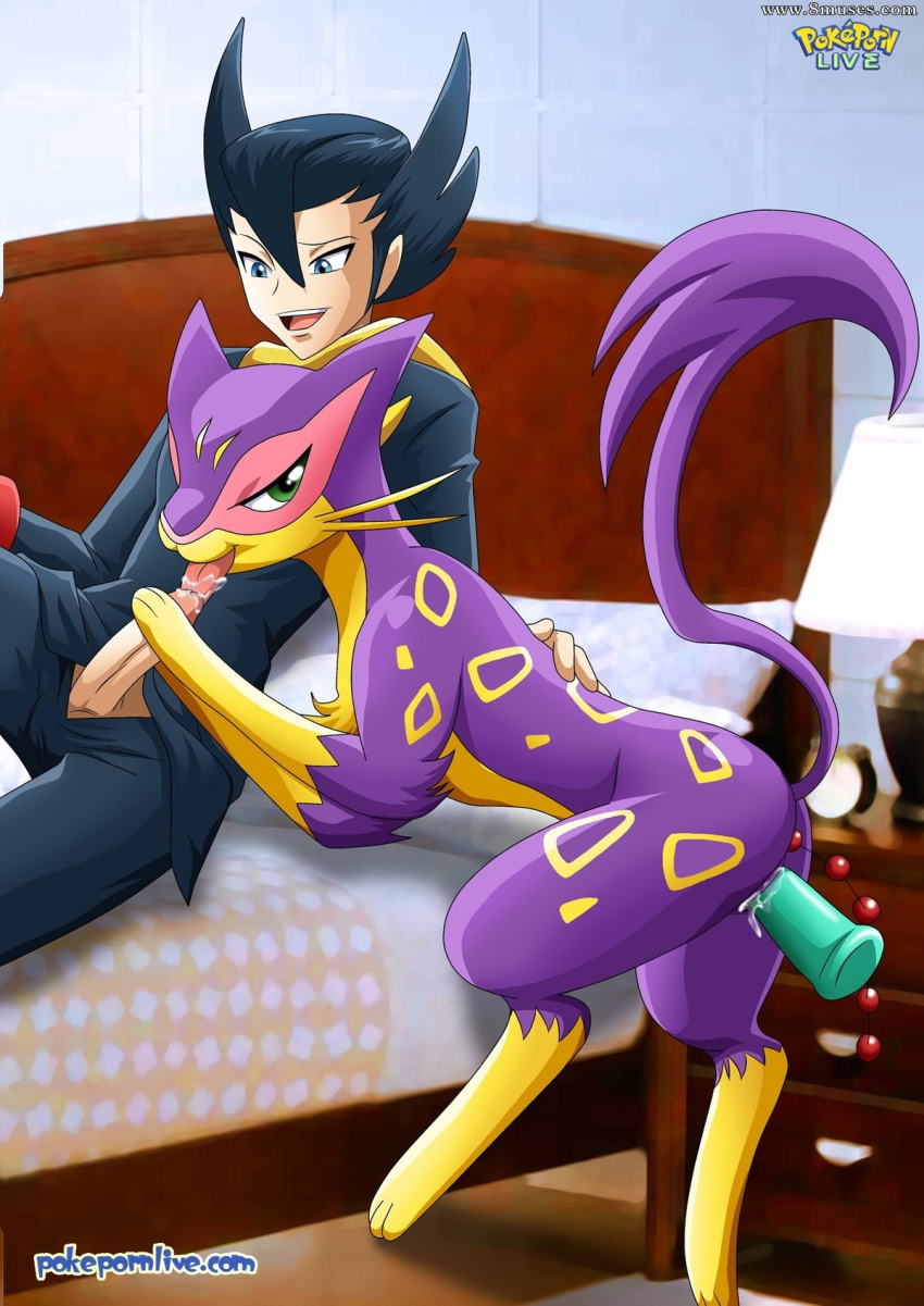 1girl bbmbbf black_hair grimsley liepard palcomix pokemon pokemon_bw pokepornlive