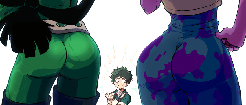 1boy 2_girls ass big_ass clothed clothing from_behind izuku_midoriya mina_ashido mrplow34 my_hero_academia tight_clothing tsuyu_asui