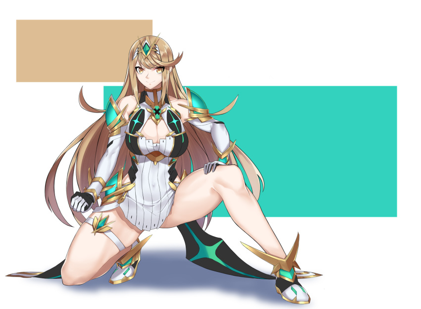 alluring blonde_hair crouching gold_eyes insanely_hot mrnn_(pixiv_id_3231011) mythra mythra_(xenoblade) nintendo voluptuous xenoblade_(series) xenoblade_chronicles_2