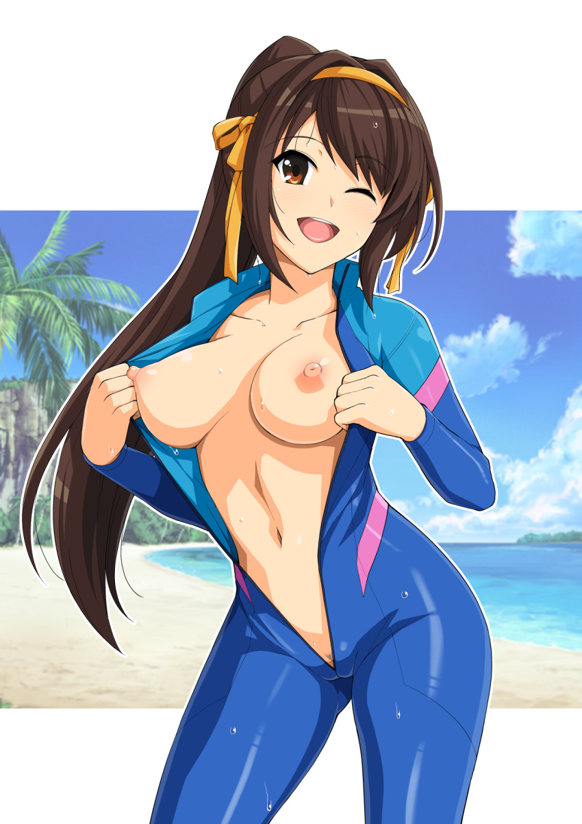 1girl 1girl 1girl bangs beach big_breasts blue_bodysuit blue_sky blush bodysuit breasts breasts_out_of_clothes brown_eyes brown_hair cameltoe clavicle cosplay cowboy_shot day fringe hairband haruhisky high_resolution hip_focus hips labia long_hair long_ponytail looking_at_viewer love_live!_(series) love_live!_school_idol_festival love_live!_sunshine!! matsuura_kanan matsuura_kanan_(cosplay) medium_breasts navel nipples one_eye_closed open_clothes open_mouth orange_hairband paid_reward parody patreon_reward ponytail pubic_hair pubic_hair_peek sky smile suzumiya_haruhi suzumiya_haruhi_no_yuuutsu sweat swept_bangs thighs tied_hair tongue waist wet wetsuit yellow_hairband