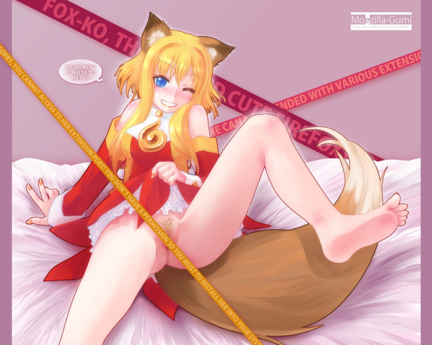 1girl animal_ears barefoot bed blonde_hair blue_eyes bottomless censored feet female firefox foot fox_ears hair kemonomimi kitsunemimi mascots moezilla-gumi one_eye_closed os os-tan personification piro_(artist) piro_(piro_r) pubic_hair sitting skirt skirt_lift sole soles solo spread_legs tail toes wink