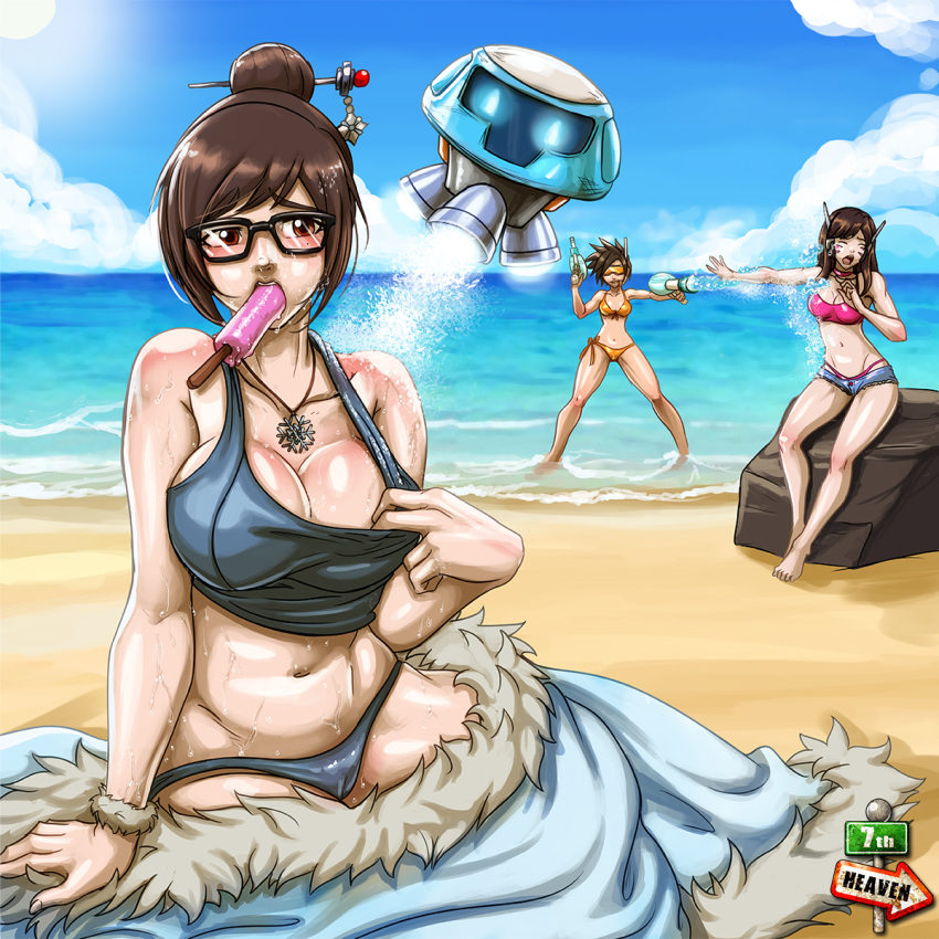 7th-heaven activision bikini blizzard_entertainment blush blushing_breasts british brown_eyes brown_hair cameltoe clothed_female d.va_(overwatch) day female_focus female_only glasses human lena_oxton long_hair mature mature_female mei_(overwatch) multiple_girls orange-tinted_eyewear outside overwatch panties robot short_hair snowball_(overwatch) tracer_(overwatch) video_game_character video_game_franchise wet whisker_markings