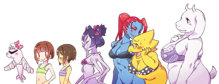 2d 2d_(artwork) 2humans 7girls airplane alphys anthro arachnid big_breasts blue_body blue_skin blush bra breast_size_difference breasts brown_hair chara chara_(undertale) chubby chubby_anthro chubby_female comparison digital_media_(artwork) dinosaur dinosaur_girl female female_anthro female_chara female_frisk female_human female_only fish fish_girl frisk frisk_(undertale) goat goat_girl height_difference human implied_bottomless larger_anthro larger_female lingerie lizard lizard_girl medium_breasts monster monster_girl muffet multiple_arms multiple_girls plane polka_dot_bra purple_body purple_skin red_hair reptile reptile_girl scalie scalie_female short_hair short_ponytail size_comparison size_difference smaller_female smaller_human smiling spider spider_girl striped_bra tail toriel tsunderplane undertale undertale_(series) underwear undyne video_game_character video_games white_background white_fur yellow_body yellow_skin yugaiga