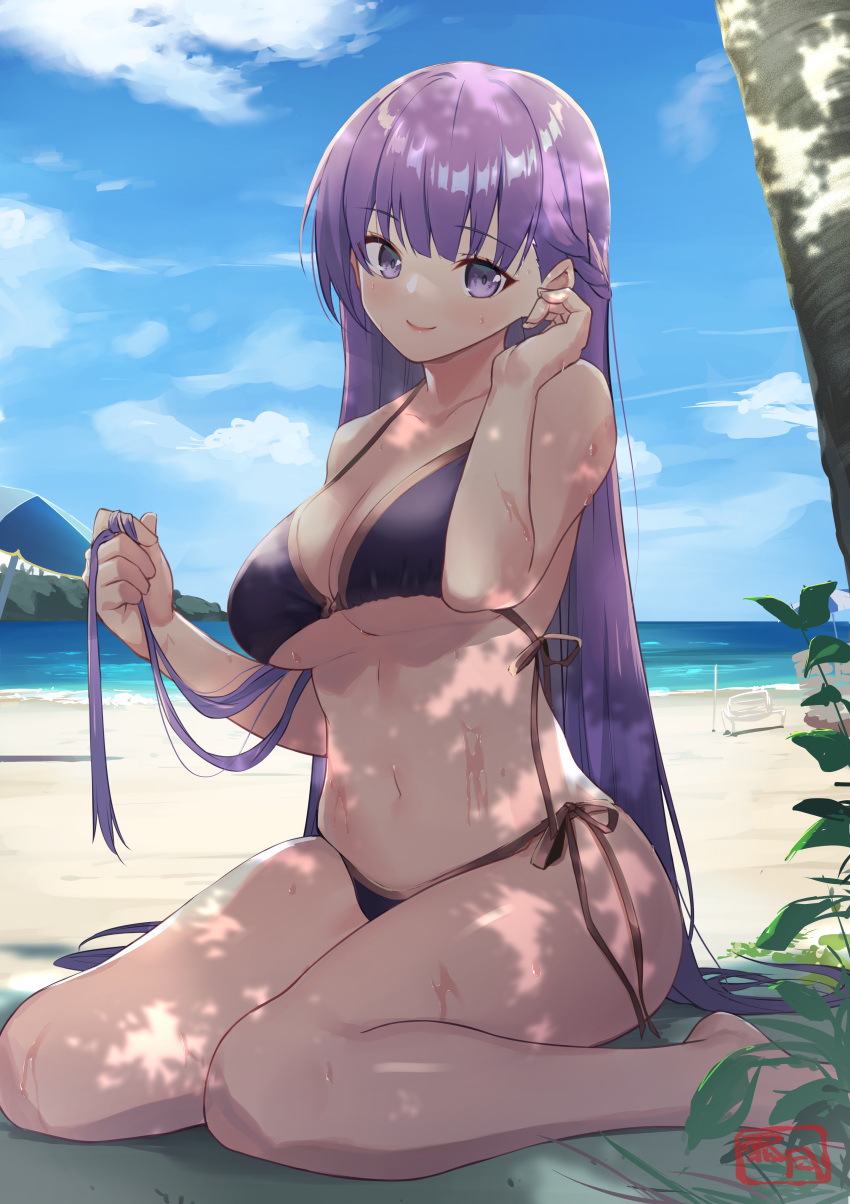 1girl 1girl 1girl absurd_res alluring bangs bare_arms bare_legs bare_shoulders barefoot beach beach_towel big_breasts bikini black_bikini blue_sky blush braid breasts brown_ribbon cleavage closed_mouth collarbone dappled_sunlight day eyebrows_visible_through_hair fire_emblem fire_emblem:_the_binding_blade high_res holding holding_hair looking_at_viewer navel nintendo ocean outside purple_eyes purple_hair ribbon shimotsuki_shio side-tie_bikini sitting sky smile solo_female sophia_(fire_emblem) stomach sunlight swimsuit towel tree under_boob wariza water