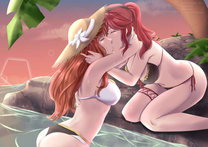 2_girls alluring alternate_costume anna_(fire_emblem) anthiese_lima ass big_ass big_breasts bikini black_bikini black_swimsuit celica_(fire_emblem) cheating closed_eyes female_only fire_emblem fire_emblem_echoes:_shadows_of_valentia fire_emblem_gaiden fire_emblem_warriors hugging kissing kneel long_hair medium_breasts medium_hair nintendo orange_hair palm_tree ponytail red_hair rinku_bny sun_hat sunset swimsuit tree yuri