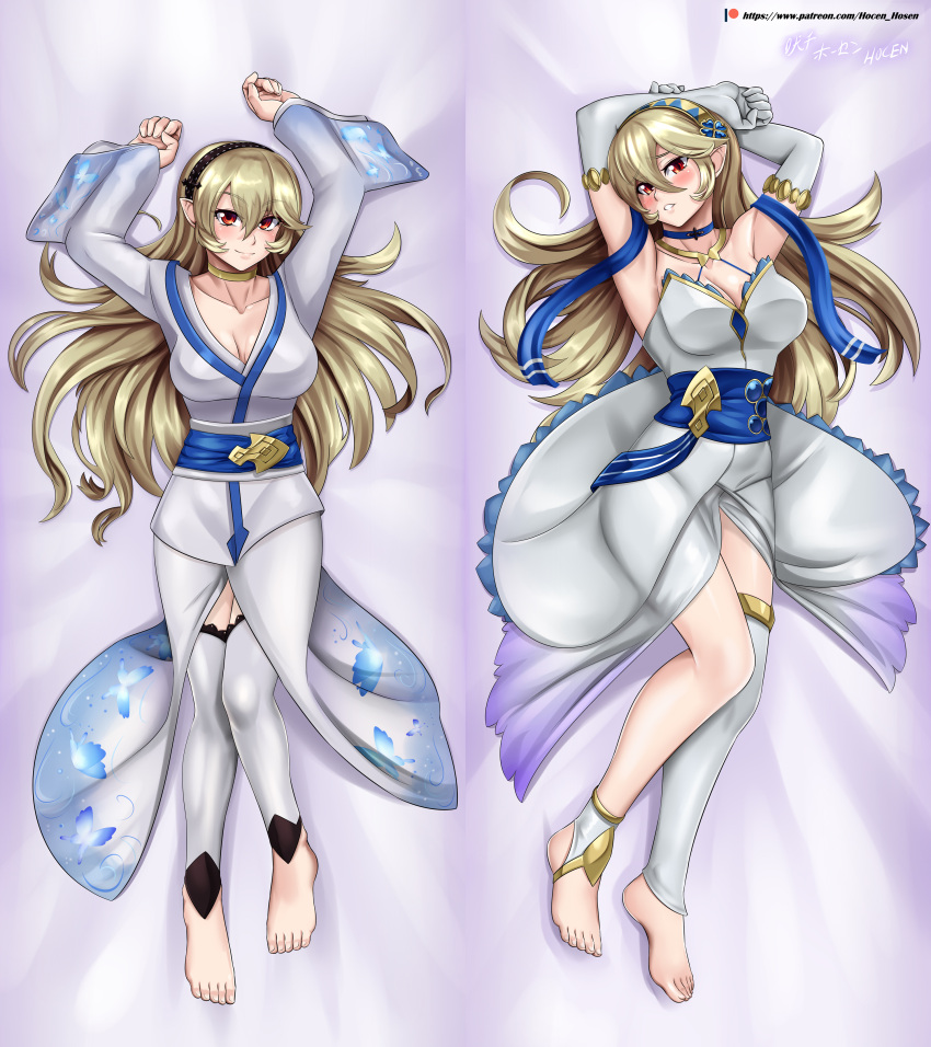 1girl alluring alternate_costume bare_legs barefoot big_breasts blonde_hair breasts cleavage corrin_(fire_emblem) corrin_(fire_emblem)_(female) dakimakura_(medium) dakimakura_design elbow_gloves female_only fire_emblem fire_emblem_fates gloves hairband hocen hocen_hosen_(artist) japanese_clothes kimono legs long_hair looking_at_viewer nintendo on_back red_eyes vilde_loh_hocen