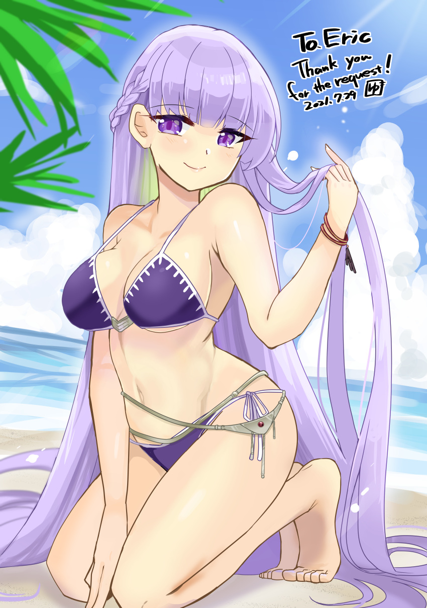 1girl 1girl 1girl absurd_res absurdly_long_hair alluring alternate_costume beach big_breasts bikini blue_sky blush breasts cleavage cloud cloudy_sky collarbone commission day fire_emblem fire_emblem:_the_binding_blade high_res highleg long_hair midriff navel nintendo outside purple_bikini purple_eyes purple_hair purple_swimsuit signature skeb_commission sky smile sophia_(fire_emblem) sunlight swimsuit very_long_hair white_swimsuit yukia_(firstaid0)