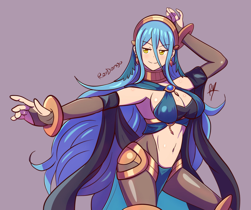 1girl alluring alternate_costume aqua_hair artist_name azura_(fire_emblem) bare_midriff big_breasts blue_hair bodystocking cleavage cosplay dancer dorothea_arnault_(cosplay) female_only fire_emblem fire_emblem_fates fire_emblem_heroes hair_between_eyes harem_outfit lene_(fire_emblem)_(cosplay) light_blue_hair long_hair nintendo raydango sideboob smile smug solo_female yellow_eyes