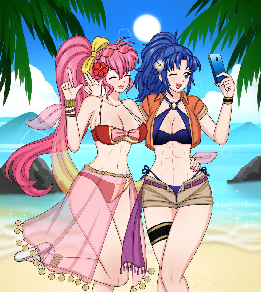 2_girls 2girls ;d alluring alternate_costume arm_around_waist athletic_female big_breasts bikini blue_bikini blue_eyes blue_hair blue_swimsuit breasts cleavage closed_eyes female_abs female_only fire_emblem fire_emblem:_mystery_of_the_emblem fire_emblem:_new_mystery_of_the_emblem fit_female hugging kris_(fire_emblem) long_hair loutaniart medium_hair multiple_girls nail_polish nintendo one_eye_closed open_mouth outside palm_tree phina_(fire_emblem) phone pink_hair pink_nails ponytail pose sarong see-through selfpic shorts smartphone smile swimsuit tree very_long_hair wink