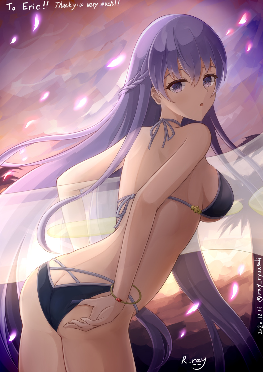 1girl 2020 absurd_res absurdly_long_hair adjusting_clothes adjusting_panties adjusting_swimsuit alluring ass back bangs big_ass big_breasts bikini black_bikini bracelet braid breasts commission dated eyebrows_visible_through_hair fire_emblem fire_emblem:_the_binding_blade french_braid high_res jewelry long_hair nintendo open_mouth panties purple_eyes purple_hair ryuusaki_rei sideboob solo_female sophia_(fire_emblem) swimsuit under_boob underwear very_long_hair