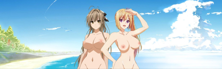 2_girls 2girls amagi_brilliant_park big_breasts blonde breasts female female_only hand_on_hip high_resolution kawakami_mai long_image musaigen_no_phantom_world myriad_colors_phantom_world navel nipples nude nude_filter purple_eyes screen_capture screencap sento_isuzu third-party_edit wide_image