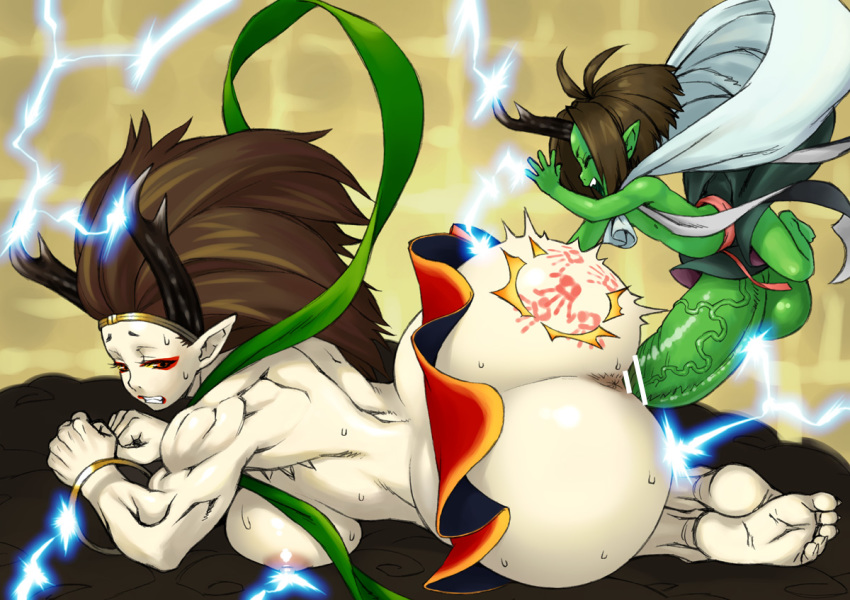 1boy 1girl anus arched_back ass barefoot big_breasts big_testicles bigger_girl breast_beam breasts brown_hair censored clenched_teeth closed_eyes couple demon electricity erect_penis eyeshadow feet from_behind fuujin_(oboro_muramasa) giantess green_skin hair height_difference hetero hikimayu horn horns horny huge_ass huge_breasts huge_penis jinroku lightning long_hair lying makeup miniboy monster_girl muscle nipple no_panties nude oboro_muramasa oboro_muramasa_youtouden on_side oni open_mouth pale_skin penis penis_in_pussy pointless_censoring raijin_(oboro_muramasa) red_eyes sex size_difference skirt slap slapping soles spank spanked spanking sweat taller_girl teeth toes upskirt vaginal veins veiny_penis white_background white_skin wince yellow_eyes