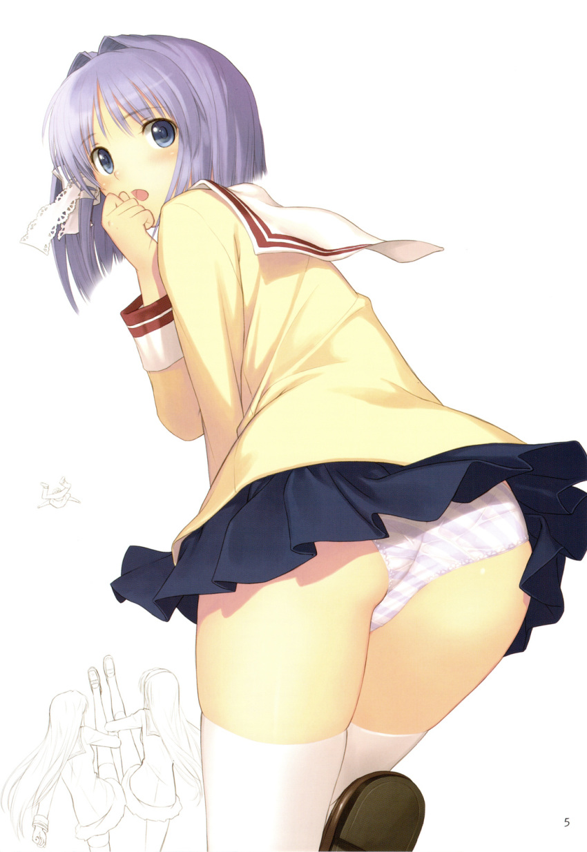 1boy 3girls :o ass bangs blue_eyes blue_hair blue_panties blush bob_cut botan_nabe clannad clenched_hand from_behind fujibayashi_kyou fujibayashi_ryou hair_intakes hair_ribbon hairband hand_to_own_mouth high_kick highres kicking kneehighs lace leaning_forward leg_lift loafers long_hair long_sleeves looking_at_viewer looking_back miniskirt multiple_girls number open_mouth page_number panties pantyshot pantyshot_(standing) parted_bangs partially_colored pleated_skirt purple_hair ribbon sakagami_tomoyo scan school_uniform serafuku shirt shoes short_hair siblings simple_background sisters skindentation skirt skirt_lift sleeve_cuffs solo_focus standing standing_on_one_leg striped striped_panties sunohara_youhei surprised taka_tony taka_tony_(artist) takayuki_tanaka takayuki_tanaka_(artist) tanaka_takayuki tanaka_takayuki_(artist) teamwork thighhighs tony_taka tony_taka_(artist) tress_ribbon underwear upskirt very_long_hair white_background white_legwear white_panties white_thighhighs wind_lift