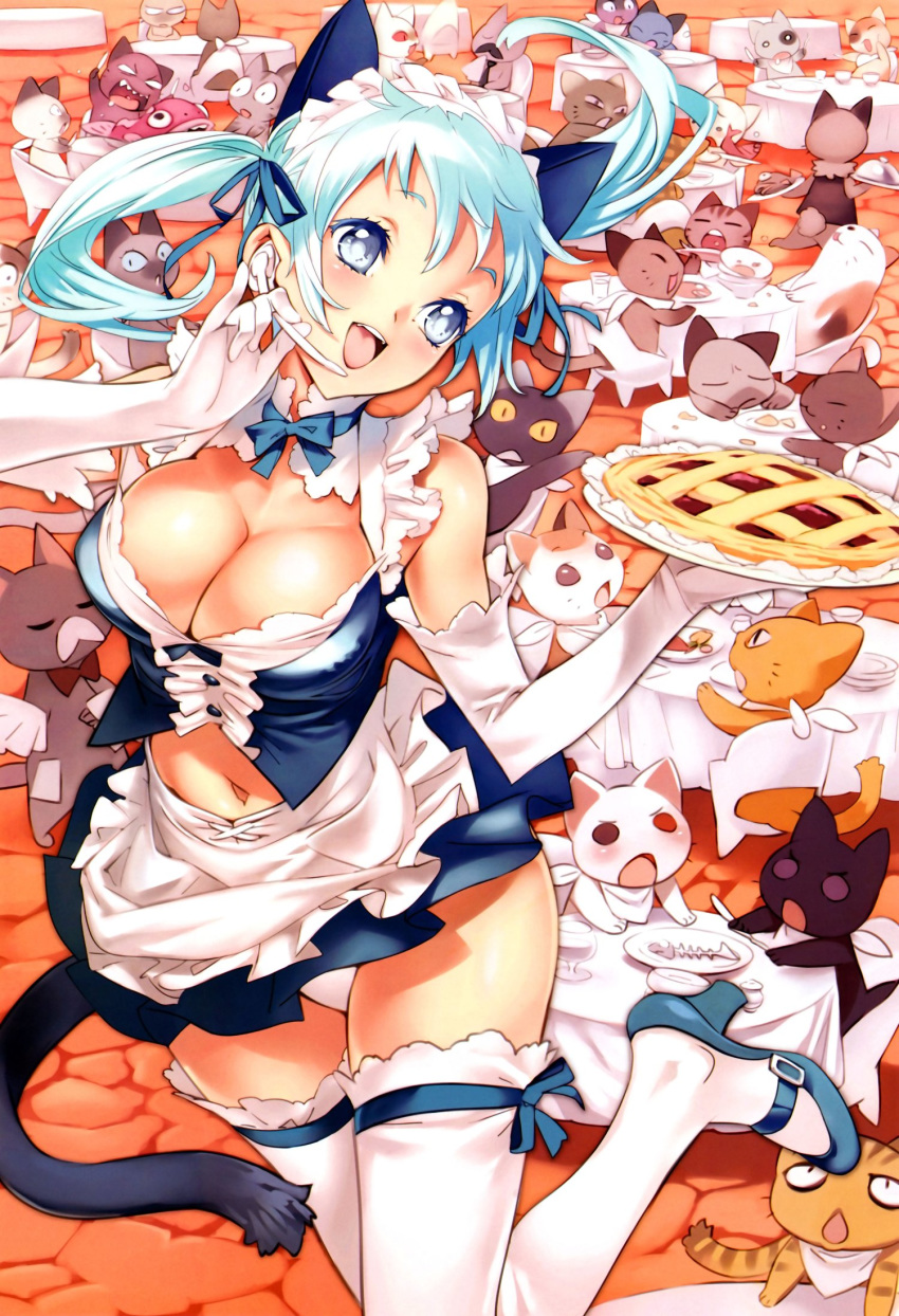 animal_ears blue_hair breasts cat cat_ears catgirl cats cleavage fish food headset highres legwear nishieda original original_character panties pie pigtails stockings table thighhighs underwear waitress