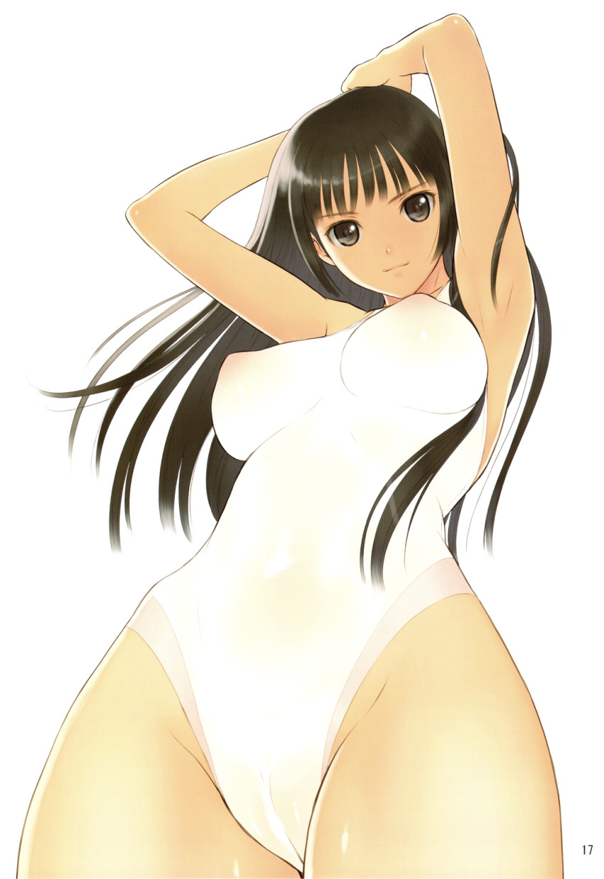 1girl botan_nabe breasts brown_eyes brown_hair cameltoe copyright_request from_below highres long_hair one-piece one-piece_swimsuit solo swimsuit taka_tony taka_tony_(artist) takayuki_tanaka takayuki_tanaka_(artist) tanaka_takayuki tanaka_takayuki_(artist) tony_taka tony_taka_(artist) white_background white_swimsuit