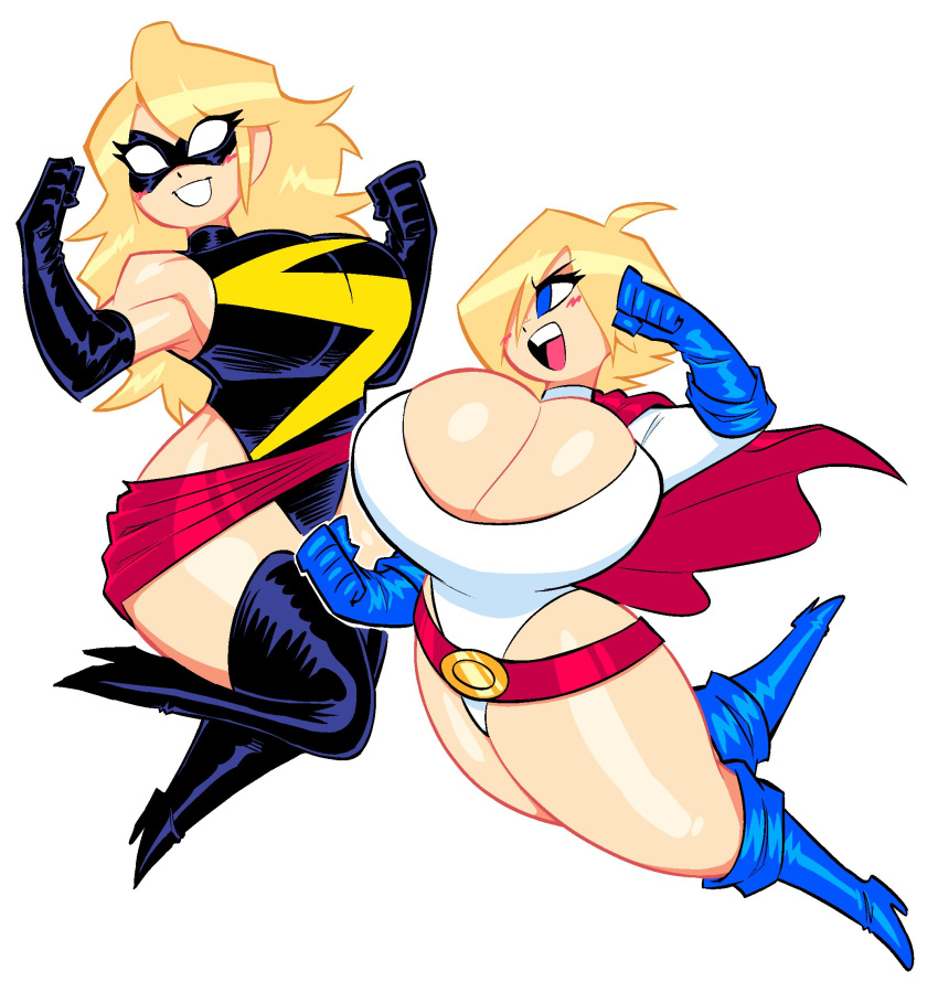 1girl 2_girls big_ass big_breasts boob_window captain_marvel carol_danvers cleavage clothed dc_comics dc_comics female_only huge_breasts karen_starr marvel marvel_comics ms._marvel ms._marvel_(carol_danvers) no_bra no_underwear power_girl sideass sideboob theguywhodrawsalot