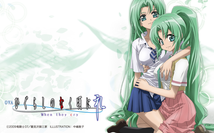 1920x1200 2girls 8:5 aqua_eyes blue_eyes breast_grab green_eyes green_hair hair highres higurashi_no_naku_koro_ni hug hugging kneeling long_hair multiple_girls nakajima_atsuko ponytail school_uniform schoolgirl serafuku shoes siblings sisters smile sonozaki_mion sonozaki_shion twins uncensored very_long_hair wallpaper when_they_cry