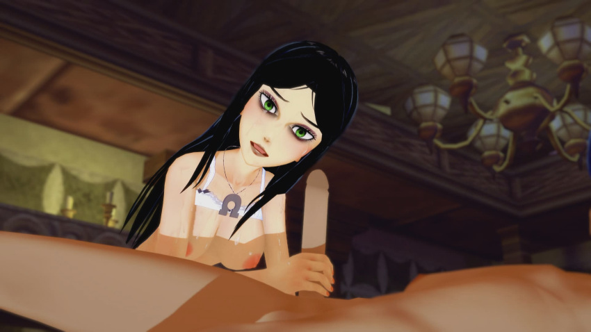 16:9_aspect_ratio 1boy 1boy1girl 1girl alice:_madness_returns alice_liddell american_mcgee's_alice black_hair bra bra_lift breasts cum_on_body cum_on_breasts dark_hair green_eyes hentai indoors light-skinned_female long_hair looking_at_viewer medium_breasts necklace on_ground open_eyes open_mouth penis penis_grab penis_tip room semen_on_body semen_on_breasts teen white_bra