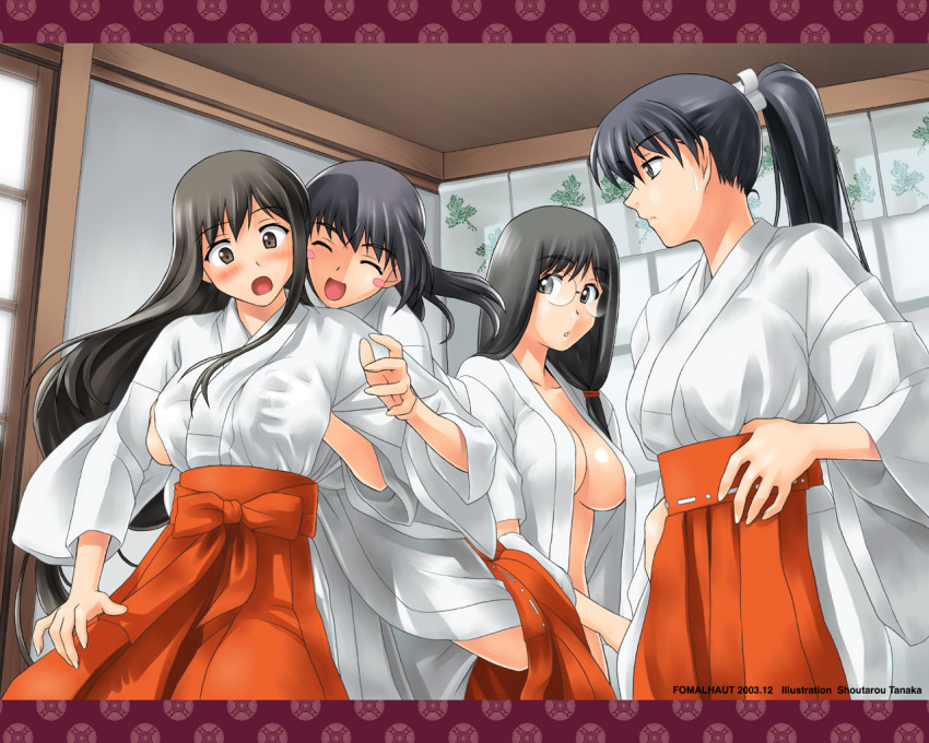 4girls breast_grab breasts dressing grabbing hentai japanese_clothes long_hair miko multiple_girls open_clothes open_shirt original shirt tanaka_shoutarou wallpaper yuri