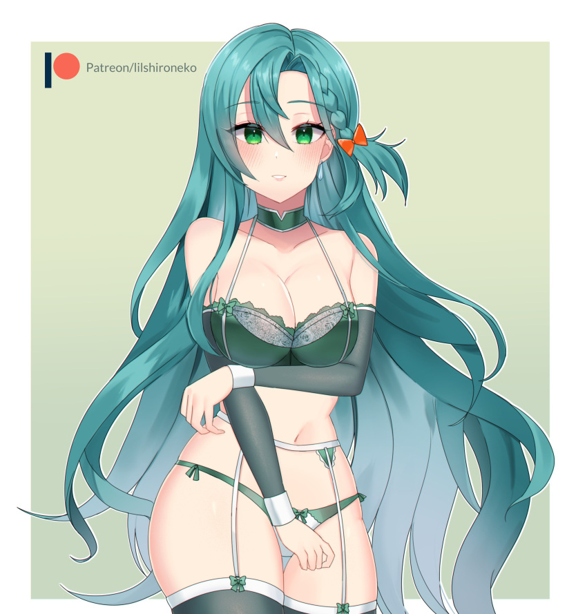 1girl 1girl absurd_res alluring aqua_hair big_breasts bra braid chloe_(fire_emblem) cleavage fire_emblem fire_emblem_engage fire_emblem_heroes garter_belt green_bra green_eyes green_panties high_res lilshironeko lingerie long_hair nintendo panties side_braid smile stockings teardrop_earrings underwear very_long_hair