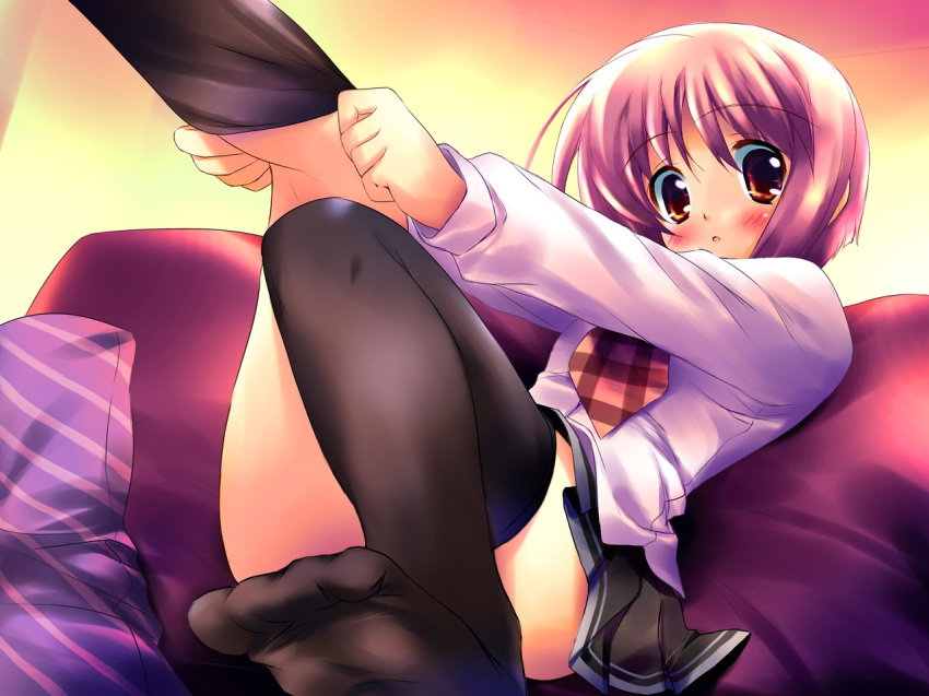 1girl akino_momiji black_legwear black_thighhighs blush brown_eyes dressing feet hentai highres kiba_satoshi no_shoes purple_hair sakura_musubi school_uniform serafuku sock_pull solo thighhighs wallpaper