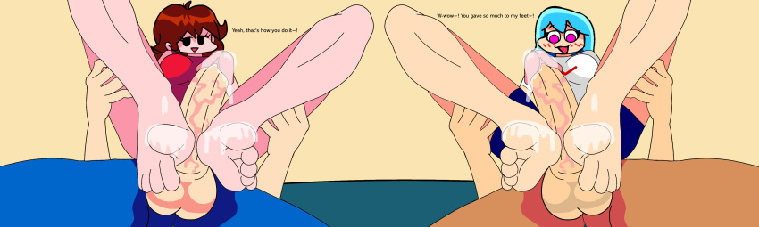 2_girls 2boys 5_toes balls boyfriend_(friday_night_funkin) cartoon_gonzo cg_editors clothed clothed_sex cum cum_on_feet cute_feet cyan_hair delicious_feet delicious_soles demon_girl dialogue dress edit ejaculate ejaculation erection feet feet_on_penis foot_fetish foot_play footjob foreplay foursome friday_night_funkin furry girlfriend_(friday_night_funkin) human jeans magenta_eyes male male/female oc on_top open_mouth orgasm original_character outercourse penis red_hair sexy_feet sexy_soles shorts skye smile soles stroke t-shirt tasty_feet tasty_soles testicle text