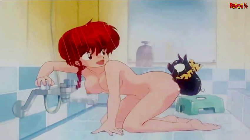 bathroom braided_ponytail cum_in_ass edit hibiki_ryouga looking_back medium_breasts nekom14 nipple p-chan pig ranko ranma-chan ranma_1/2 ranma_saotome red_hair screencap