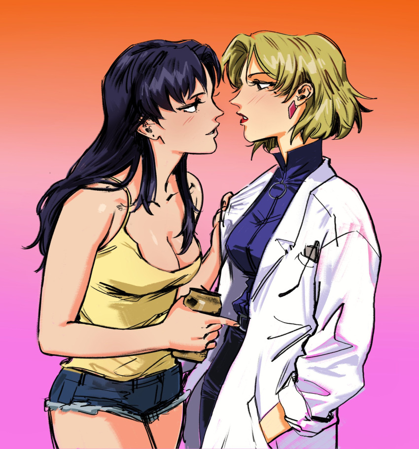 2_girls about_to_kiss black_hair blonde_hair drunk earrings labcoat misato_katsuragi neon_genesis_evangelion ritsuko_akagi scubabyy yuri