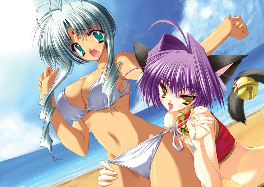 2girls ahoge animal_ears aoi_yuuji aqua_eyes beach bell bikini blue_hair blush breasts cat_ears cat_tail cleavage clothes_pull clothing cloud dark_skin day facial_mark fang fangs female forehead_mark golden_eyes green_eyes grey_hair happy high_resolution jingle_bell kurohime_(puni_puni_handmaid) large_breasts long_hair mau_(puni_puni_handmaid) multiple_girls norita ocean open_mouth outdoors pantsu panty_pull puni_puni puni_puni_handmaid purple_hair ringlets short_hair side-tie_bikini side-tie_bikini_bottom silver_hair sky surprised swimsuit tail tail_bell tail_ornament underwear underwear_pull untied water white_bikini white_hair white_swimsuit yellow_eyes