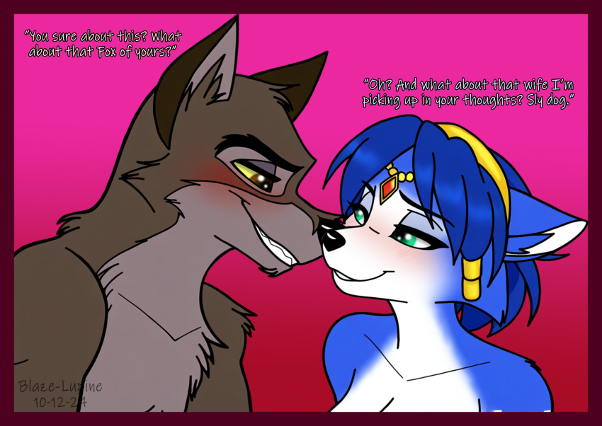 1boy 1girl anthro balto_(character) balto_(film) bedroom_eyes blaze-lupine_(artist) blue_body blue_fur blue_hair blush border breasts canid canine canis crossover dialogue digital_media_(artwork) domestic_dog duo english_text female flirting flirting_look fox fur hair high_res hybrid implied_nudity infidelity krystal looking_at_another male male/female mammal mutual_infidelity narrowed_eyes nintendo nordic_sled_dog pink_background red_border seductive simple_background smile spitz standing star_fox text universal_studios wolf wolfdog