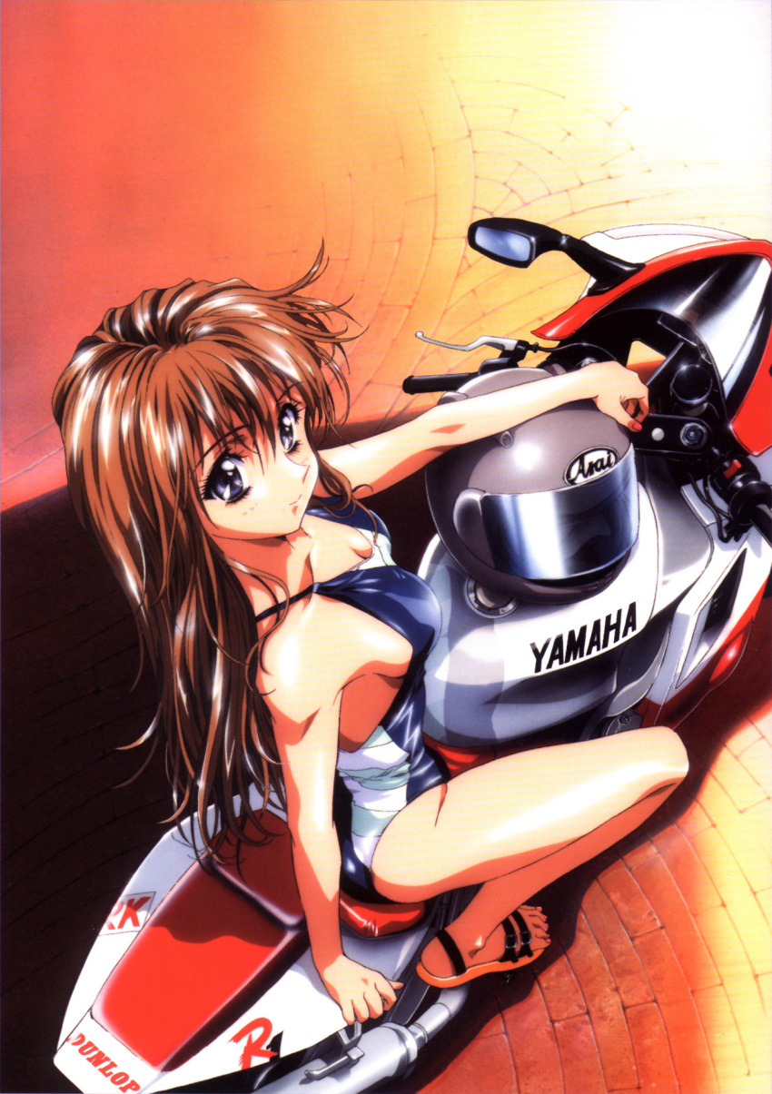 1girl 90s blue_eyes breasts brown_hair cleavage feet from_above hentai highres kawarajima_kou long_hair motor_vehicle motorcycle nail_polish one-piece one-piece_swimsuit pink_nails sandals smile solo swimsuit toenail_polish vehicle