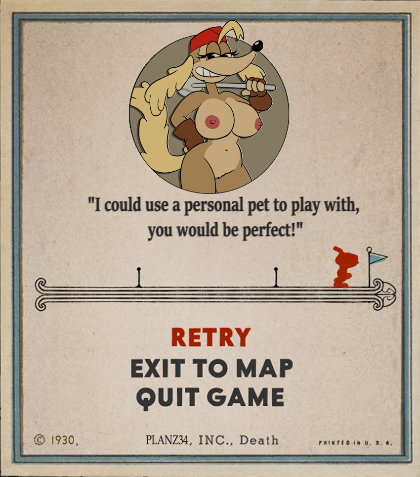 anthro big_breasts breasts canine cuphead_(game) defeat huge_breasts looking_at_viewer nipples nude nude_female pilot_saluki_(cuphead) planz34 png smile smooth_skin smug thick_thighs wide_hips