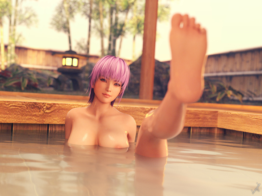 1girl 3d alluring areola asian asian_female ayane ayane_(doa) bare_legs barefoot big_breasts clumsyneko completely_nude_female dead_or_alive dead_or_alive_2 dead_or_alive_3 dead_or_alive_4 dead_or_alive_5 dead_or_alive_6 dead_or_alive_xtreme dead_or_alive_xtreme_2 dead_or_alive_xtreme_3 dead_or_alive_xtreme_3_fortune dead_or_alive_xtreme_beach_volleyball dead_or_alive_xtreme_venus_vacation female_focus female_only foot_fetish foot_focus hot_spring kunoichi light-skinned_female light_skin nude nude_female nudity onsen outside purple_hair red_eyes silf soles solo_female solo_focus tagme tecmo water wet wet_body wet_skin