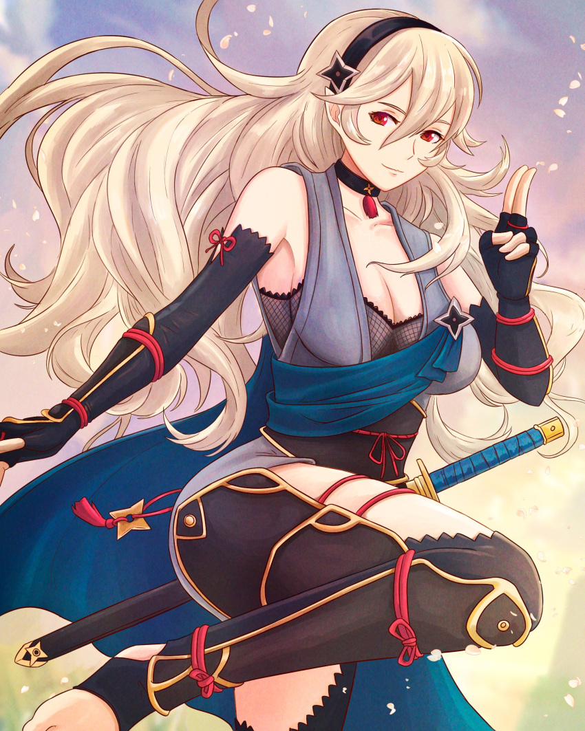 1girl absurd_res alluring big_breasts black_choker black_gloves black_hairband choker cleavage corrin_(fire_emblem) corrin_(fire_emblem)_(female) corrin_(ninja)_(fire_emblem)_(female) elbow_gloves feet_out_of_frame fingerless_gloves fire_emblem fire_emblem_fates fire_emblem_heroes fishnet_top fishnets gloves grey_hair hairband high_res legs long_hair looking_at_viewer medium_breasts nintendo no_shoes official_alternate_costume pointy_ears red_eyes salute smile standing standing_on_one_leg stirrup_legwear tassel_choker thighs toeless_legwear truejekart two-finger_salute