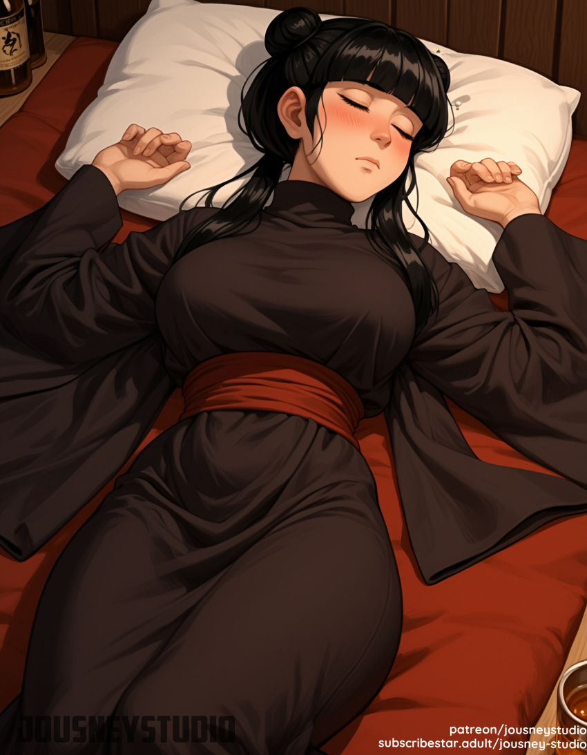 1girl 1girl 1girl ai_generated alcohol avatar:_the_last_airbender bangs bed bed_sheet big_breasts black_dress black_hair black_kimono blunt_bangs blush bottle breasts closed_eyes closed_mouth clothing cup curvaceous double_bun dress drunk female_only futon hair_bun hands_up indoors jousneystudio kimono lips long_hair long_sleeves looking_at_viewer lying mai_(avatar) mature mature_female on_back on_bed on_side original parted_lips pillow robe sash sidelocks single_hair_bun sleeping tatami thighs tied_hair traditional_clothes twin_tails wafuku wide_sleeves