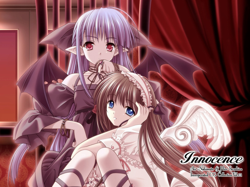 2girls 4:3_aspect_ratio angel blue_eyes blue_hair devil female half_updo hentai high_resolution horns lisianthus lolita_fashion long_hair long_sleeves multiple_girls nerine nishimata_aoi official_art official_wallpaper perspective potential_duplicate red_eyes shuffle! sia_(artist) suzuhira_hiro tied_hair wallpaper wings