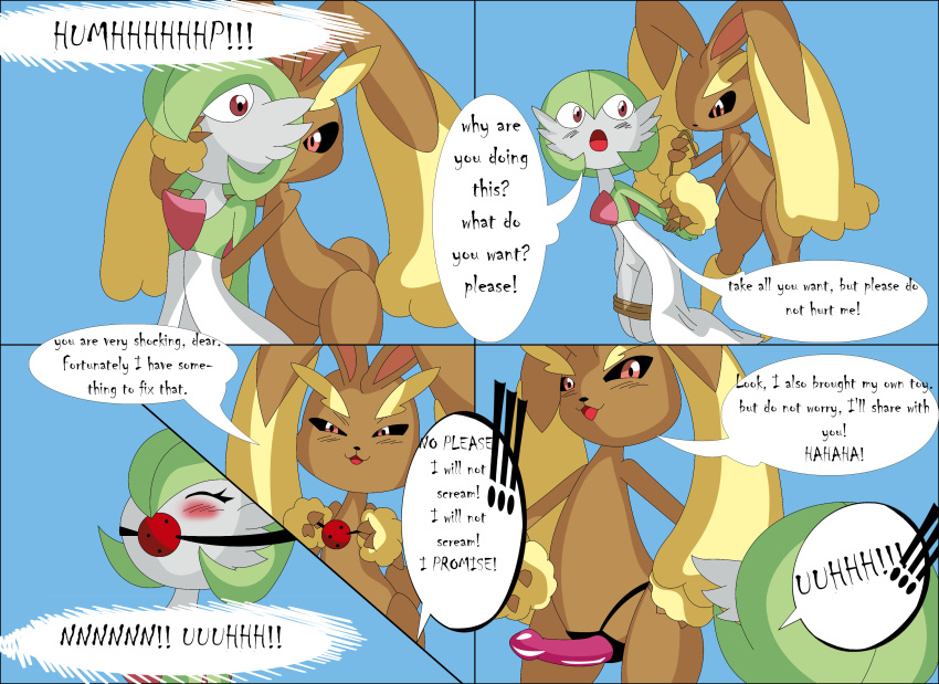 1girl absurd_res anthro being_gagged bondage bound brown_body brown_fur duo english_text female/female fur gag gagged gardevoir generation_3_pokemon generation_4_pokemon green_hair hair high_res looking_pleasured lopunny nintendo pokemon pokemon_(species) reimon text