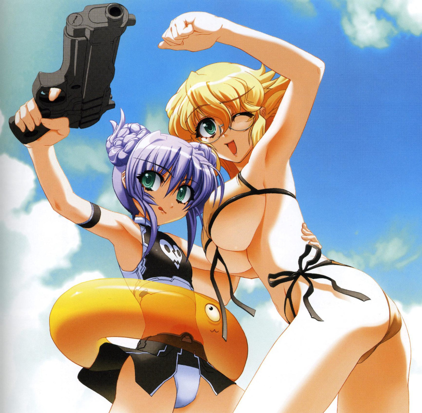 2_human 2girls al_azif armpits big_breasts bikini breasts clothed demonbane dunsany female female_human flat_chest floating_tire glasses gun hair halftone handgun high_res highres huge_breasts innertube leica leica_(demonbane) moire multiple_girls nishii_(nitroplus) outdoors pistol scan standing swimsuit underboob weapon wink