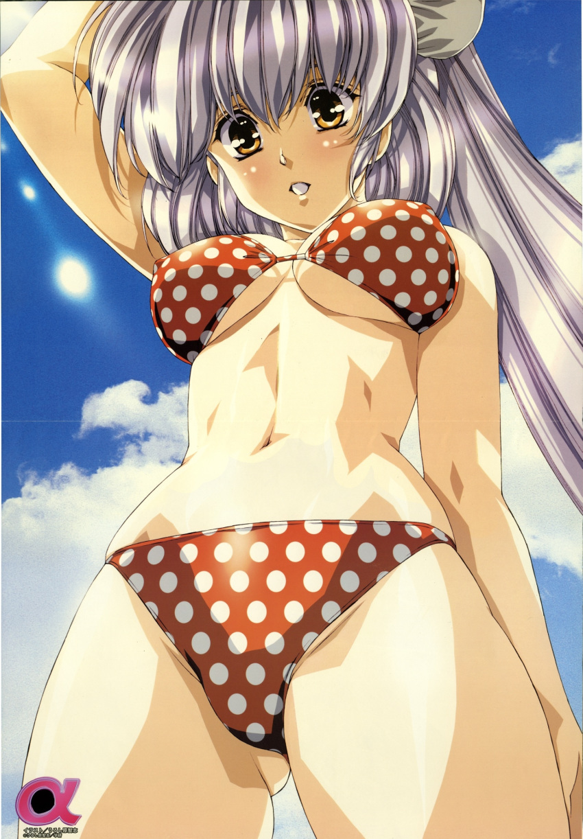 bikini blush breasts clothing crease erect_nipples fixme grey_hair high_resolution long_hair mizugi nipples ponytail potential_duplicate ribbon sky summer swimsuit tied_hair underboob urushihara_satoshi