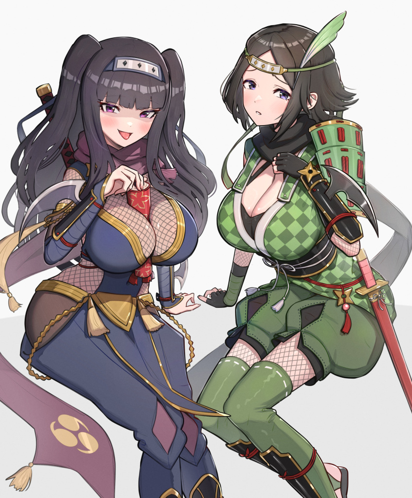 2_girls alluring between_breasts big_breasts black_hair confident fire_emblem fire_emblem_awakening fire_emblem_heroes gonzarez looking_at_view looking_at_viewer mother_&_daughter ninja noire_(fire_emblem) noire_(ninja)_(fire_emblem) pink_eyes purple_eyes scroll_inside shy tharja tharja_(fire_emblem) tharja_(ninja)_(fire_emblem) thick_thighs thighs