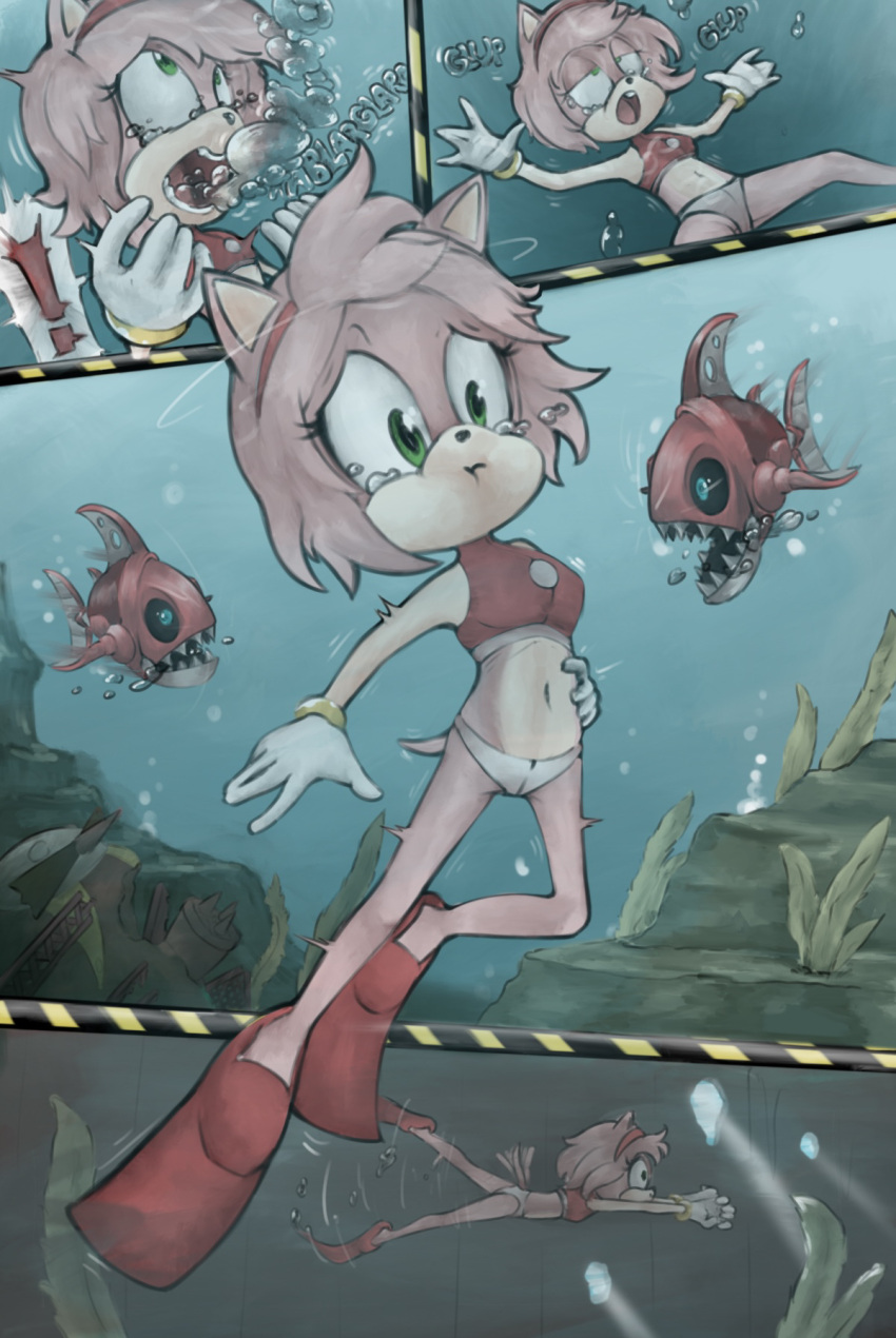 1girl air_bubbles amy_rose anthro asphyxiation bikini breasts bubbles cameltoe drowned drowning female fins flippers freediving furry gloves headband hedgehog kronworld navel ocean red_bikini_top sea sega shipwreck small_breasts solo sonic_(series) sonic_the_hedgehog_(series) swimming swimming_fins swimsuit underwater water white_bikini_bottom