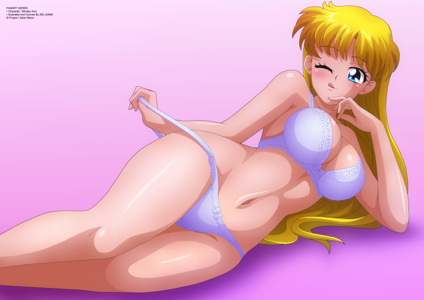 1girl 1girl 1girl alluring big_breasts big_breasts bishoujo_senshi_sailor_moon blonde_hair blue_eyes bra clothed female_only lifting_clothing lingerie minako_aino panties panty_pull pink_background shounen_jump simple_background teasing_viewer thighs underwear wink zel-sama