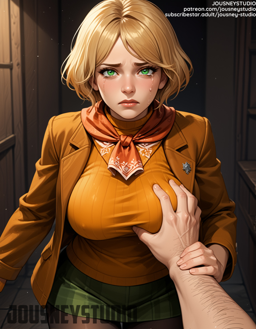 1boy 1girl 1girl ai_generated arm_hair ascot ashley_graham bangs big_breasts blonde_hair blush breast_grab breasts brown_jacket closed_mouth clothing crying crying_with_eyes_open english_text freckles grabbing green_eyes green_skirt groping guided_breast_grab guiding_hand hetero indoors jacket jousneystudio long_sleeves looking_at_viewer male miniskirt neckerchief open_clothes open_jacket orange_scarf pantyhose parted_bangs plaid pov_hands resident_evil resident_evil_4 resident_evil_4_remake scarf shirt short_hair skirt solo_focus sweater tears